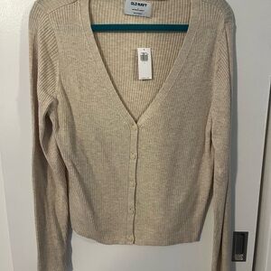 Old Navy Oatmeal Cropped V Neck Button Up Sweater